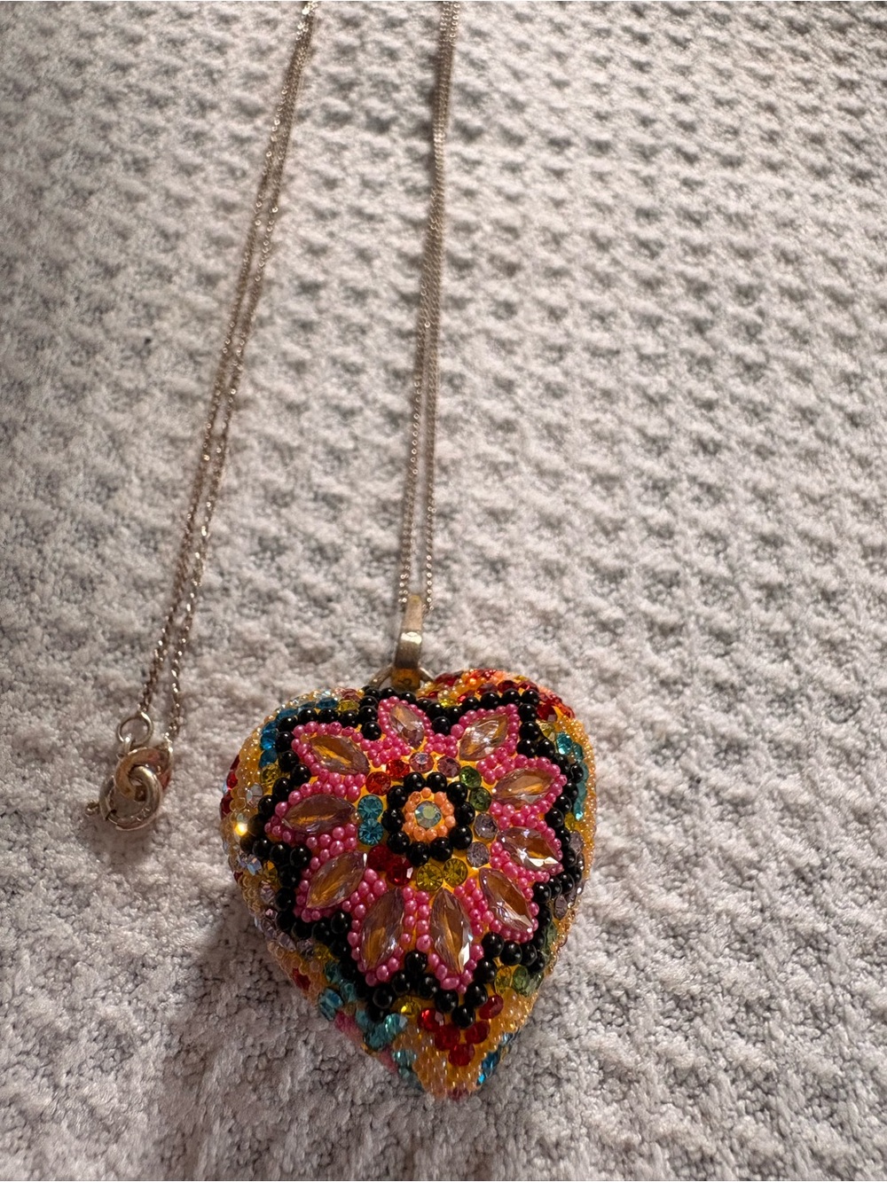 Vintage Sterling Silver Puffy Heart Pendant Necklace 24 Huichol Style Micro Bead
